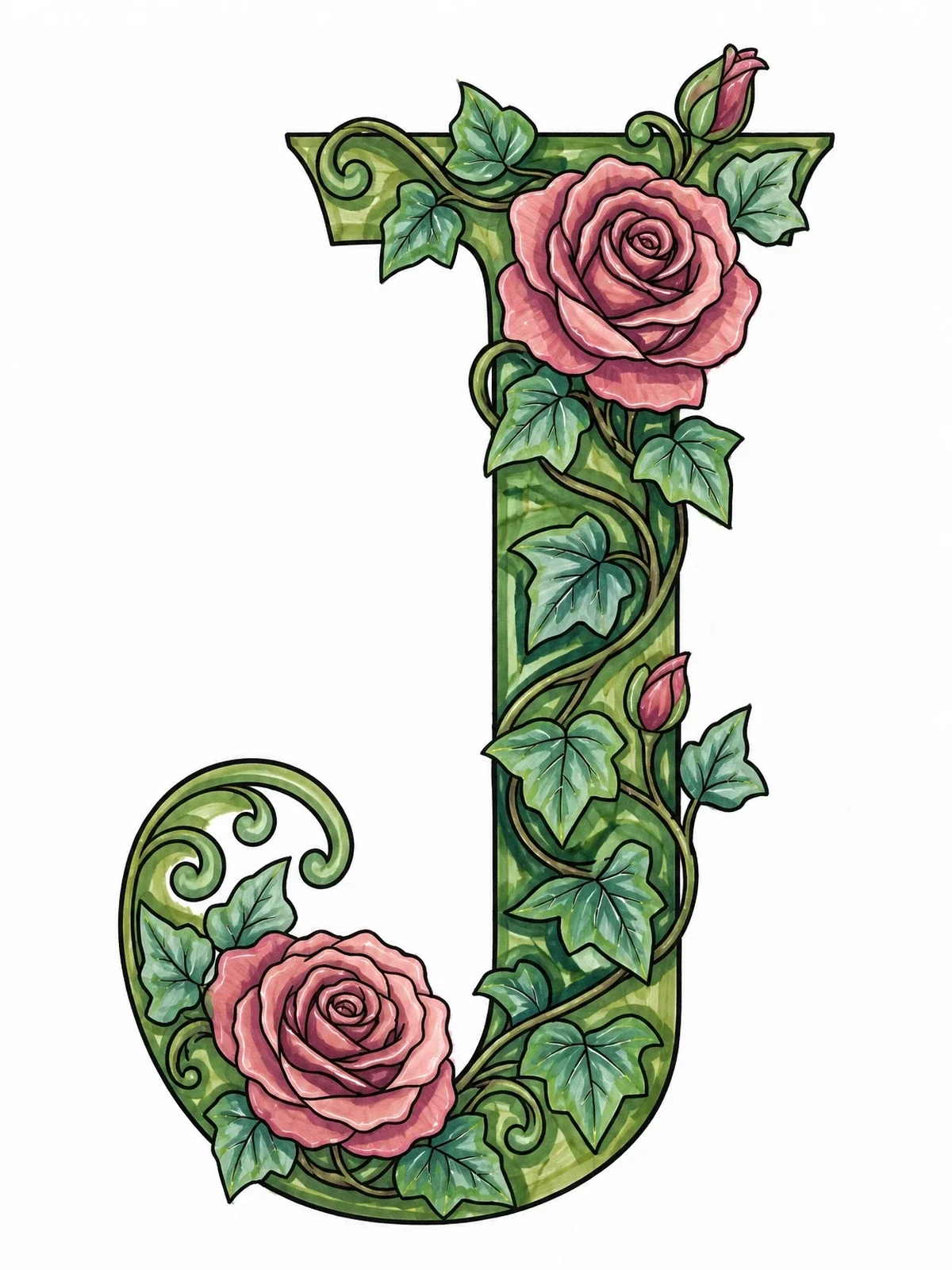 Colored example of the Floral Capital Letter J With Roses coloring page