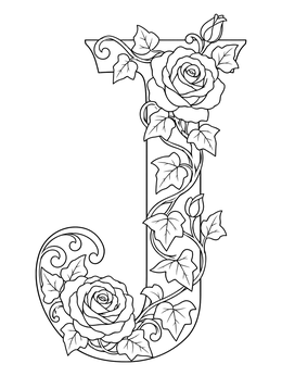 Detailed letter j coloring page entwined with climbing ivy vines and blooming roses.