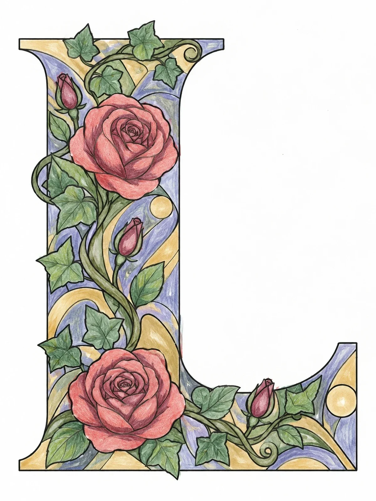 Colored example of the Floral Capital Letter L With Roses coloring page