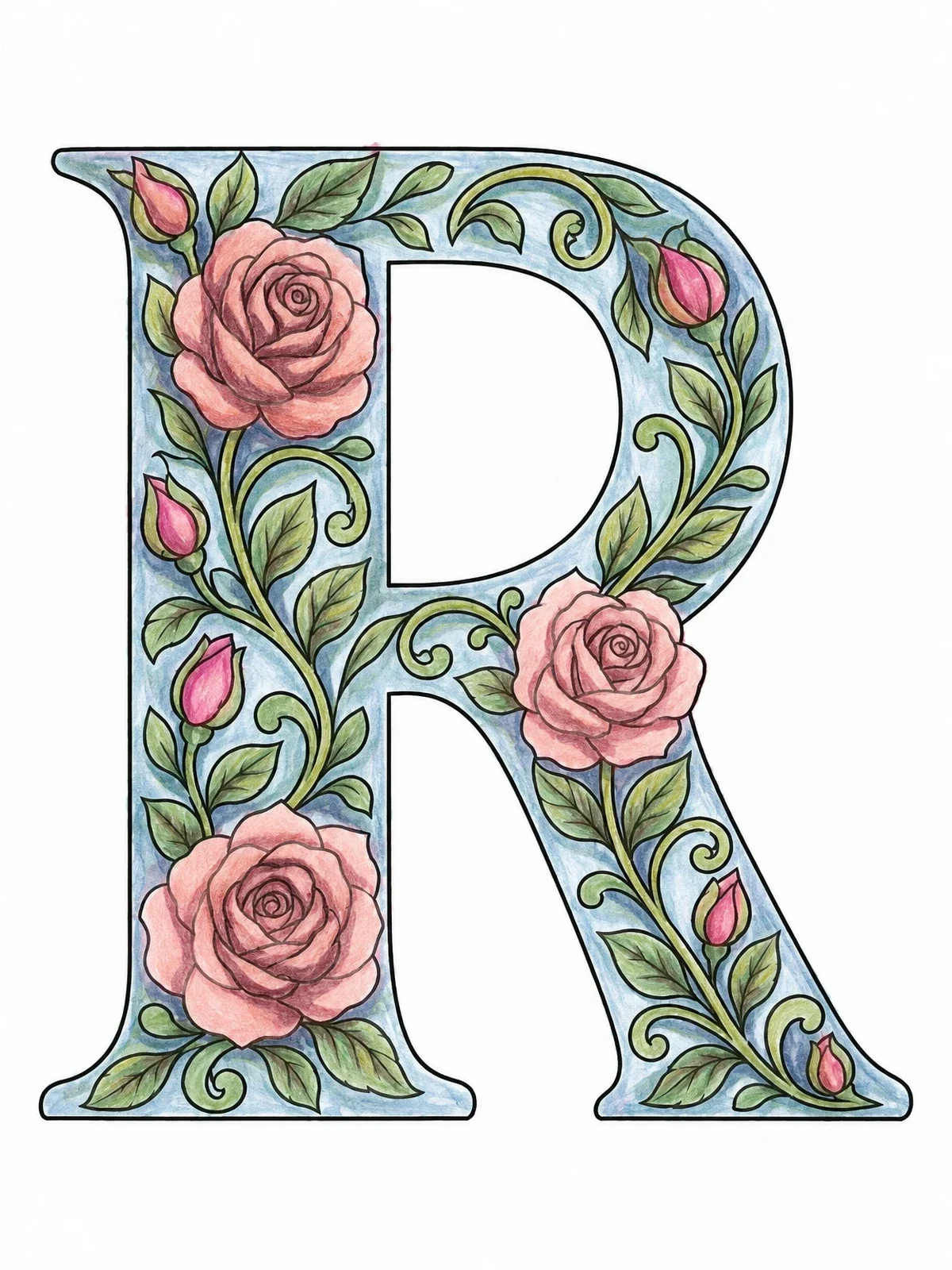 Colored example of the Floral Capital Letter R With Roses coloring page