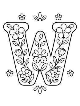 A floral letter w coloring page adorned with blooming flowers and leaves.