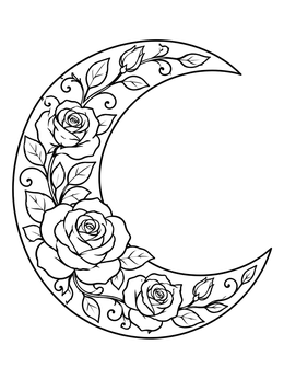 An ornate moon night coloring page featuring a crescent filled with blooming roses and leafy vines.