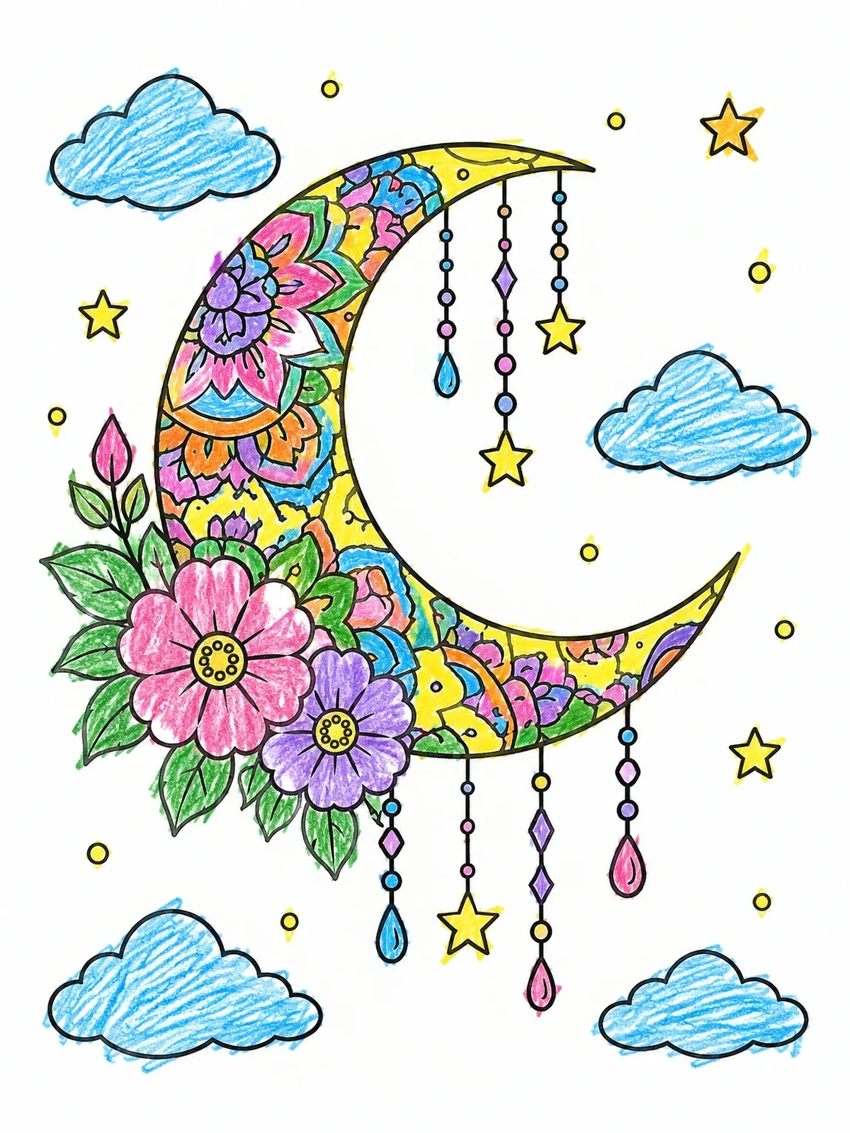 Colored example of the Floral Crescent Moon With Beads coloring page