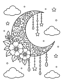 Free printable Floral Crescent Moon With Beads coloring page