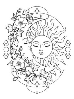 A serene sun and moon coloring page adorned with climbing wild roses and ivy.