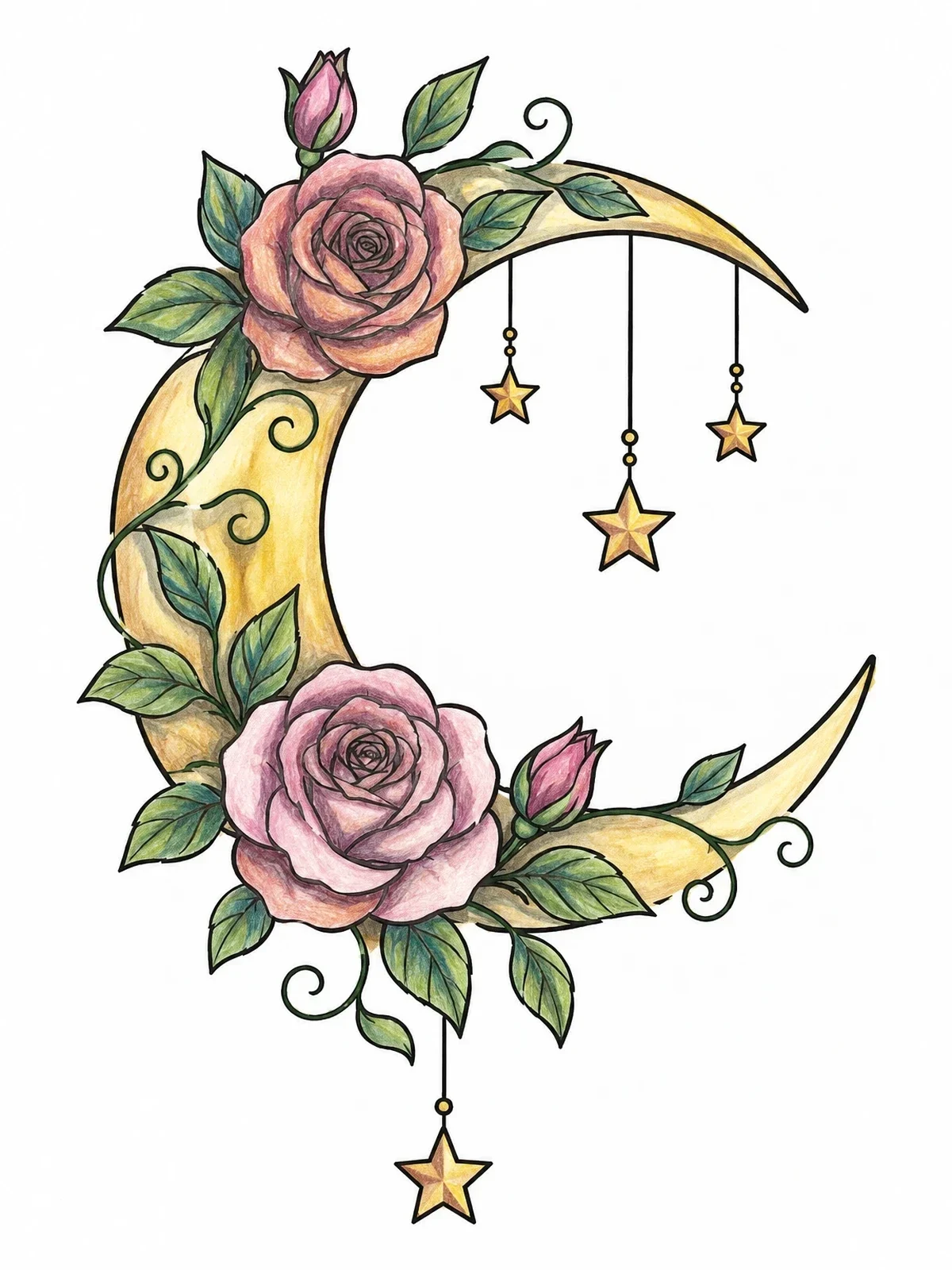 Colored example of the Floral Crescent Moon With Stars coloring page