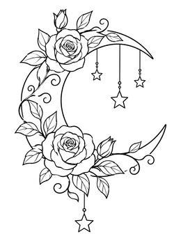 Free printable Floral Crescent Moon With Stars coloring page