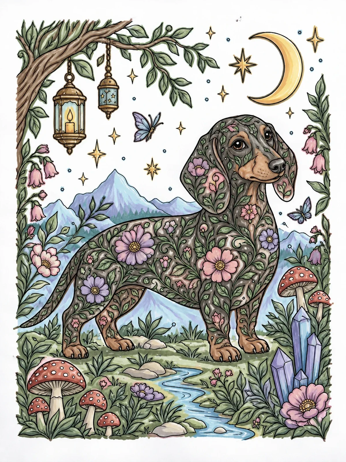 Colored example of the Floral Dachshund Under Night Sky coloring page