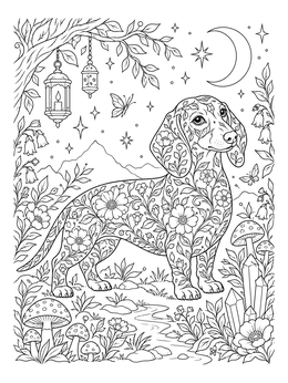 Intricate floral dachshund coloring page with night sky and lanterns.