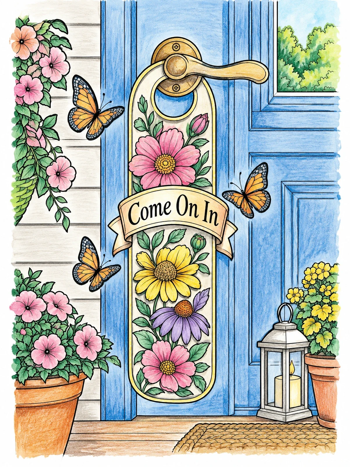 Colored example of the Floral Door Hanger With Butterflies coloring page