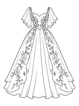 An elegant ball gown dress coloring page featuring floral embroidery and flutter sleeves.