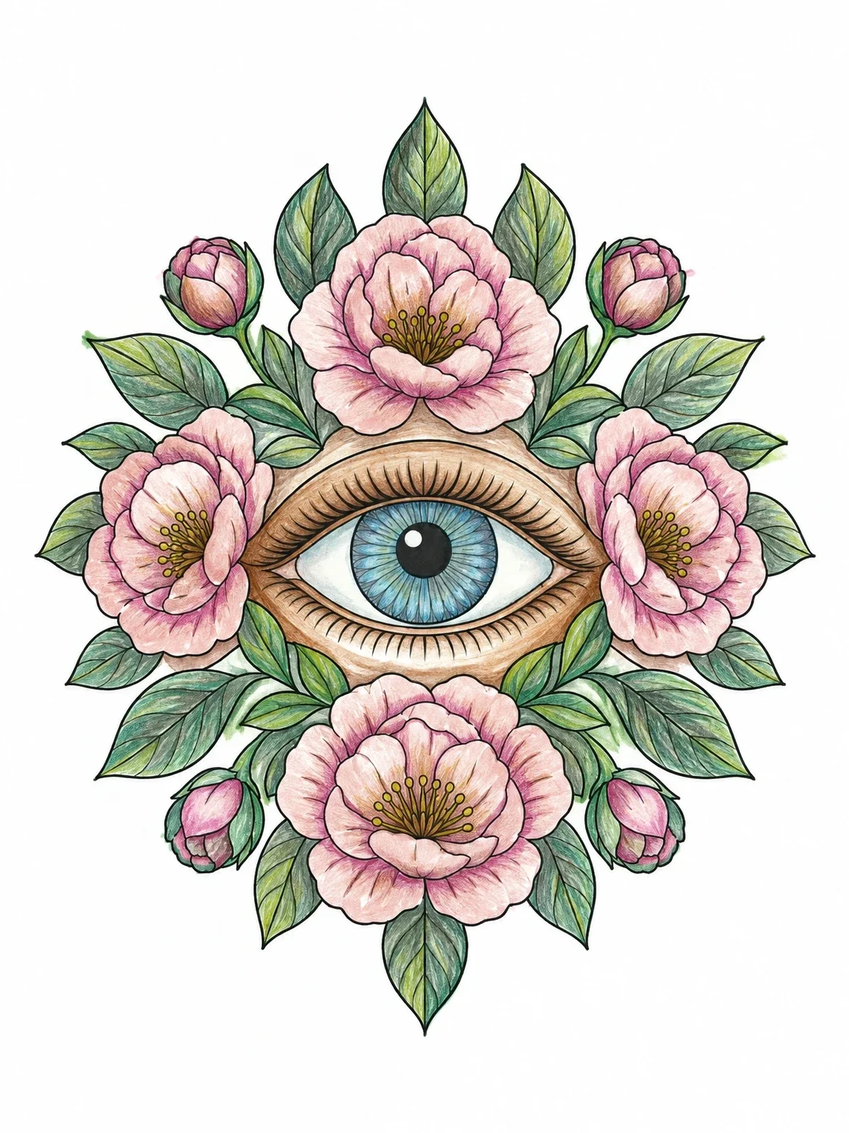 Colored example of the Floral Evil Eye Mandala coloring page