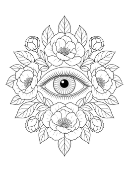 Detailed floral evil eye coloring page surrounded by blooming roses and leaves.
