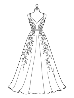 A floral embroidered gown on a mannequin features in this elegant dress coloring page.
