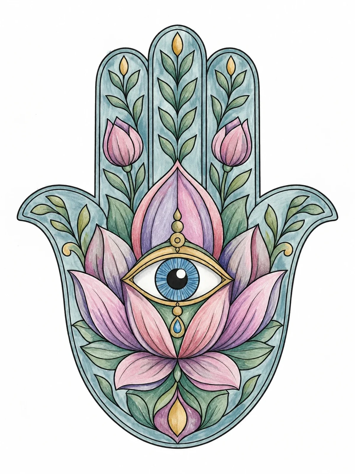 Colored example of the Floral Hamsa Hand With Evil Eye coloring page