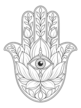 An ornate evil eye coloring page featuring a decorative Hamsa hand with lotus petals.