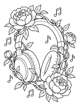 Blooming flowers wrap around headphones in this music coloring page.