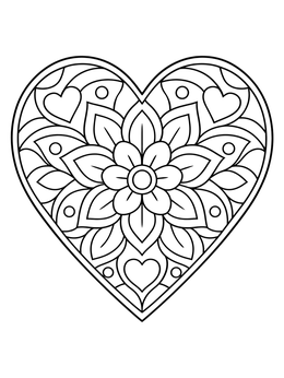 A floral mandala heart coloring page with symmetrical petals and smaller hearts.