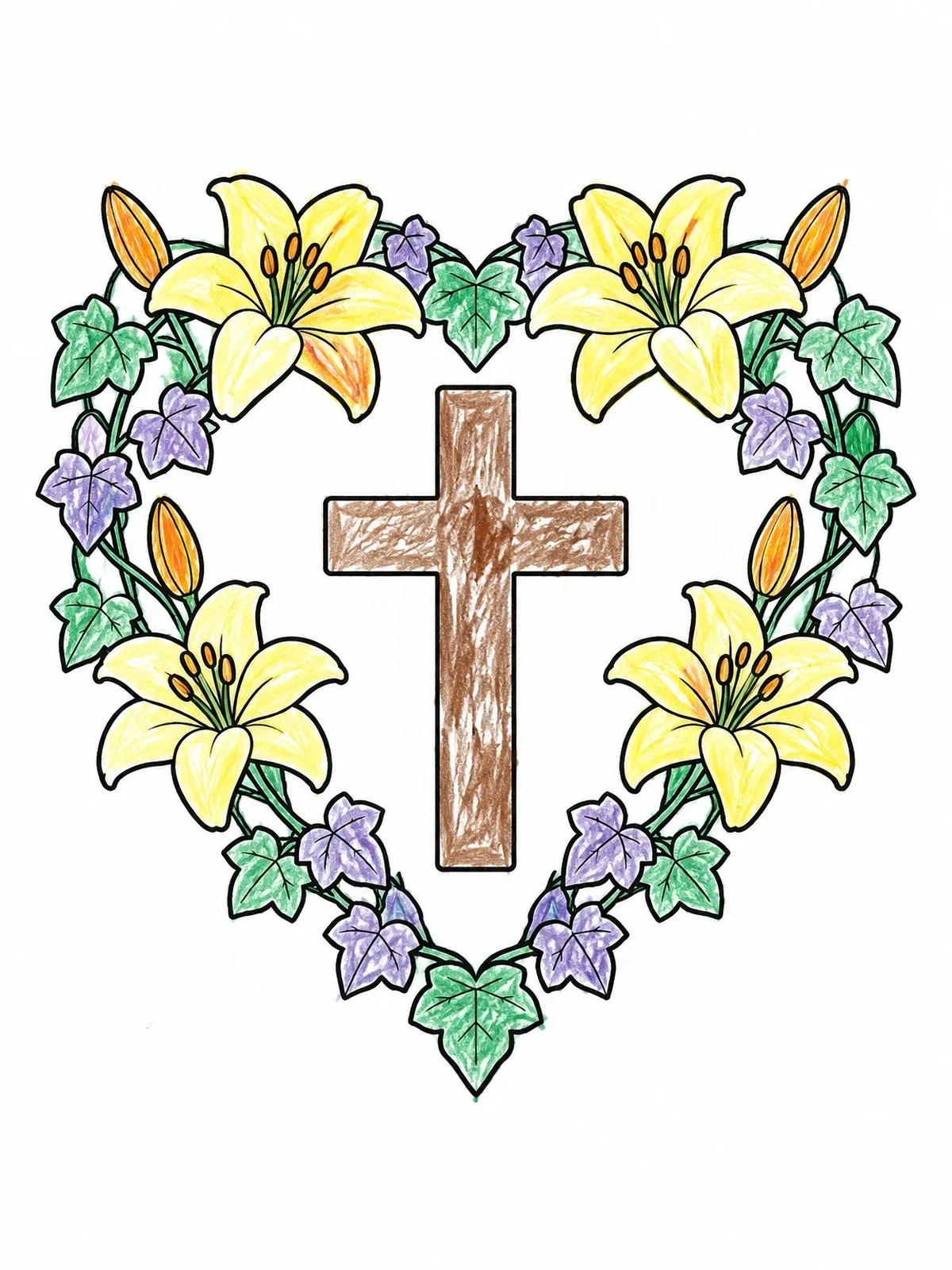 Colored example of the Floral Heart Wreath With Cross coloring page