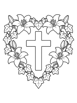 Free printable Floral Heart Wreath With Cross coloring page