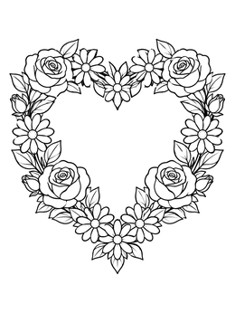 A floral heart coloring page featuring an elegant wreath of blooming roses, daisies, and delicate leaves.
