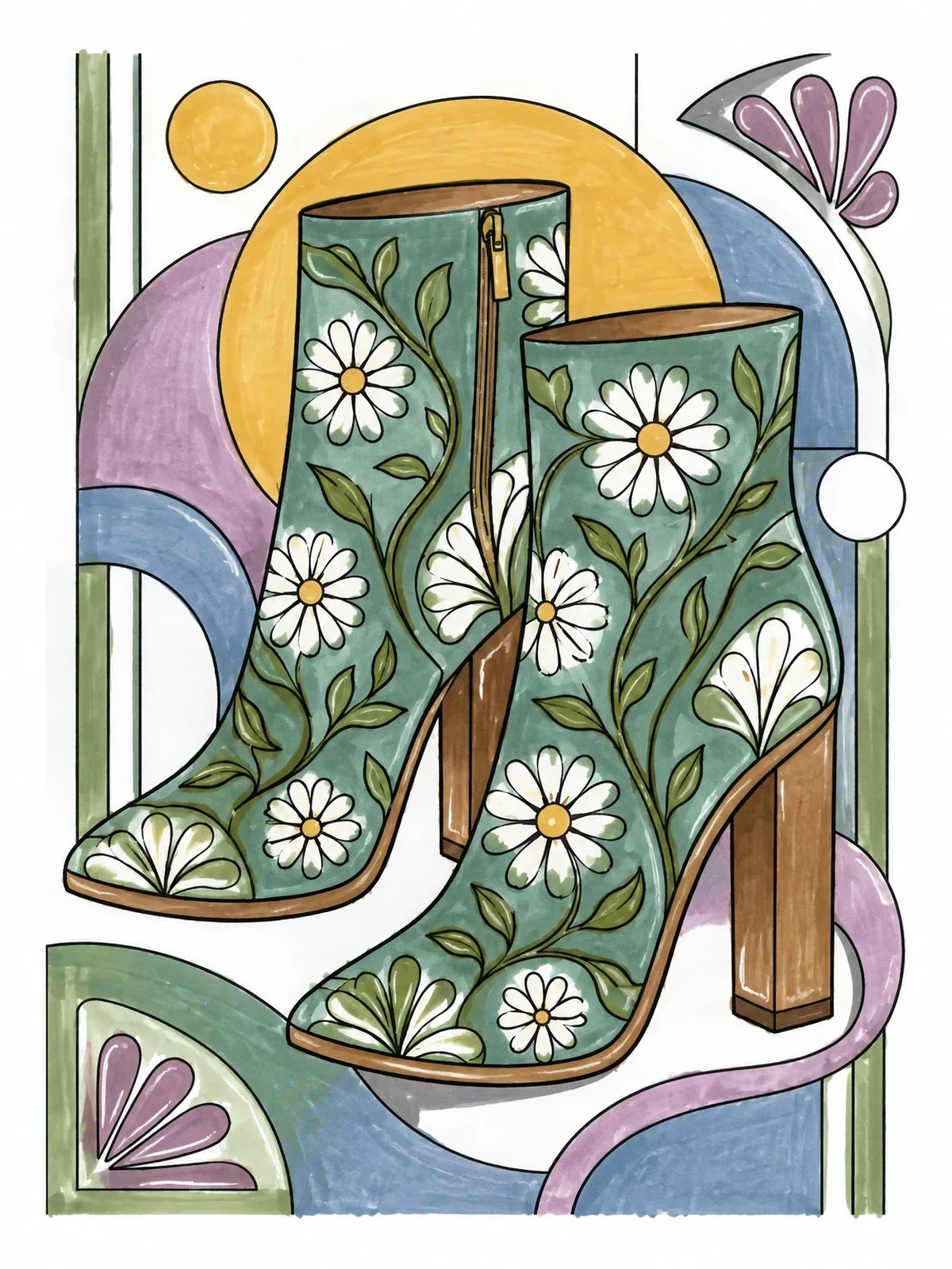 Colored example of the Floral Heeled Ankle Boots coloring page