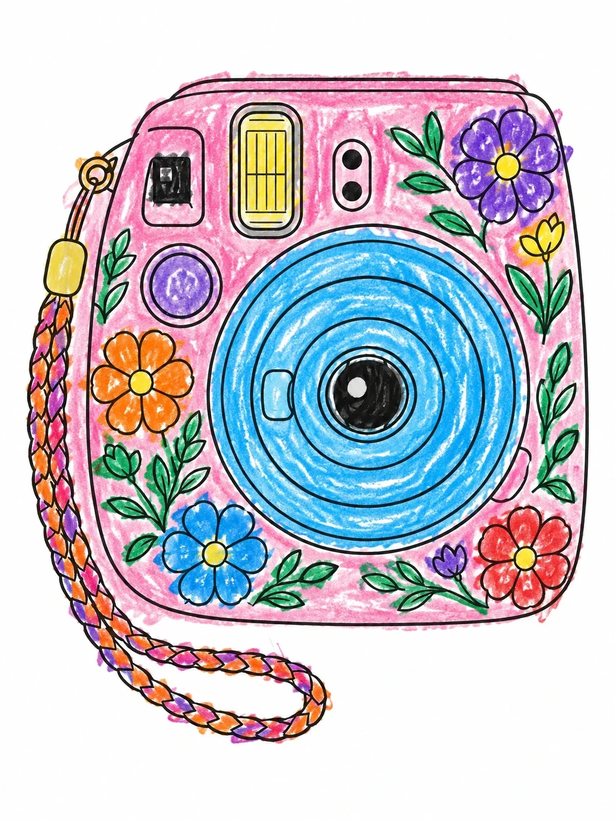 Colored example of the Floral Instant Photo Camera coloring page