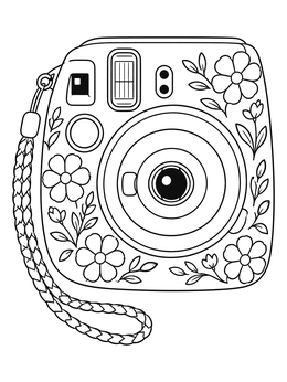 Decorated instant camera coloring page with floral patterns and a braided strap.