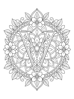 A detailed letter V coloring page surrounded by floral mandala patterns and leaves.