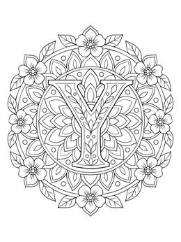 An ornate letter y coloring page centered inside a detailed circular floral mandala.
