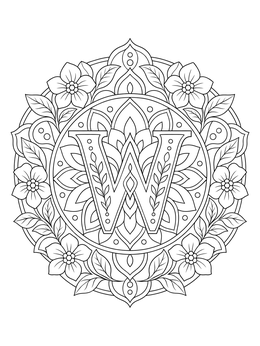 A floral mandala letter w coloring page featuring elegant petals and leaves.