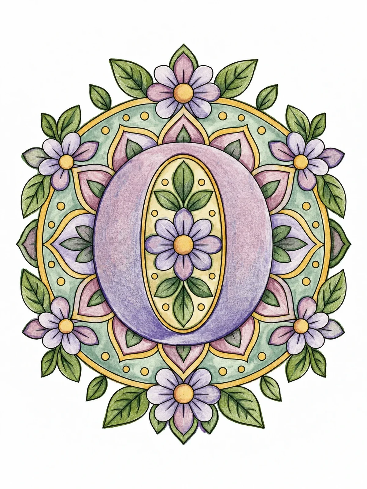 Colored example of the Floral Mandala Letter O coloring page