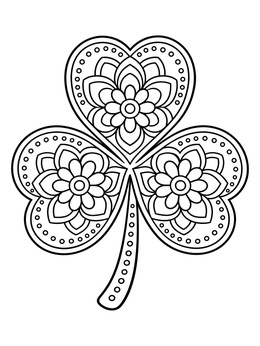 Intricate floral mandala shamrock coloring page with decorative dots and petals.