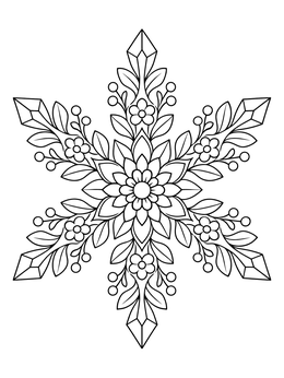 A detailed floral snowflake coloring page featuring symmetrical crystal points, leaves, and blossoms.