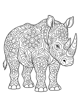 Detailed rhinoceros coloring page covered with intricate floral mandala patterns.