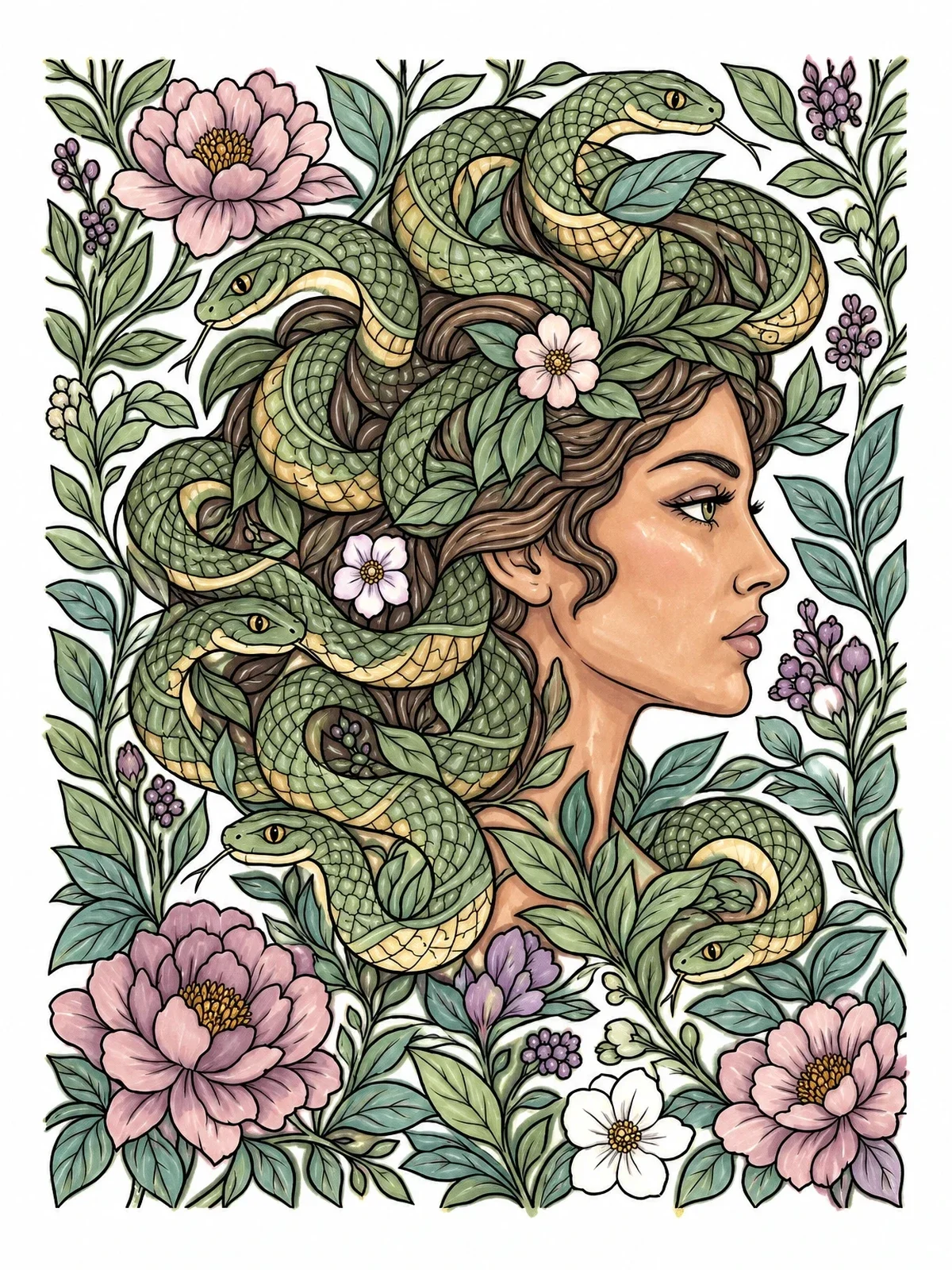 Colored example of the Floral Medusa Profile With Snakes coloring page