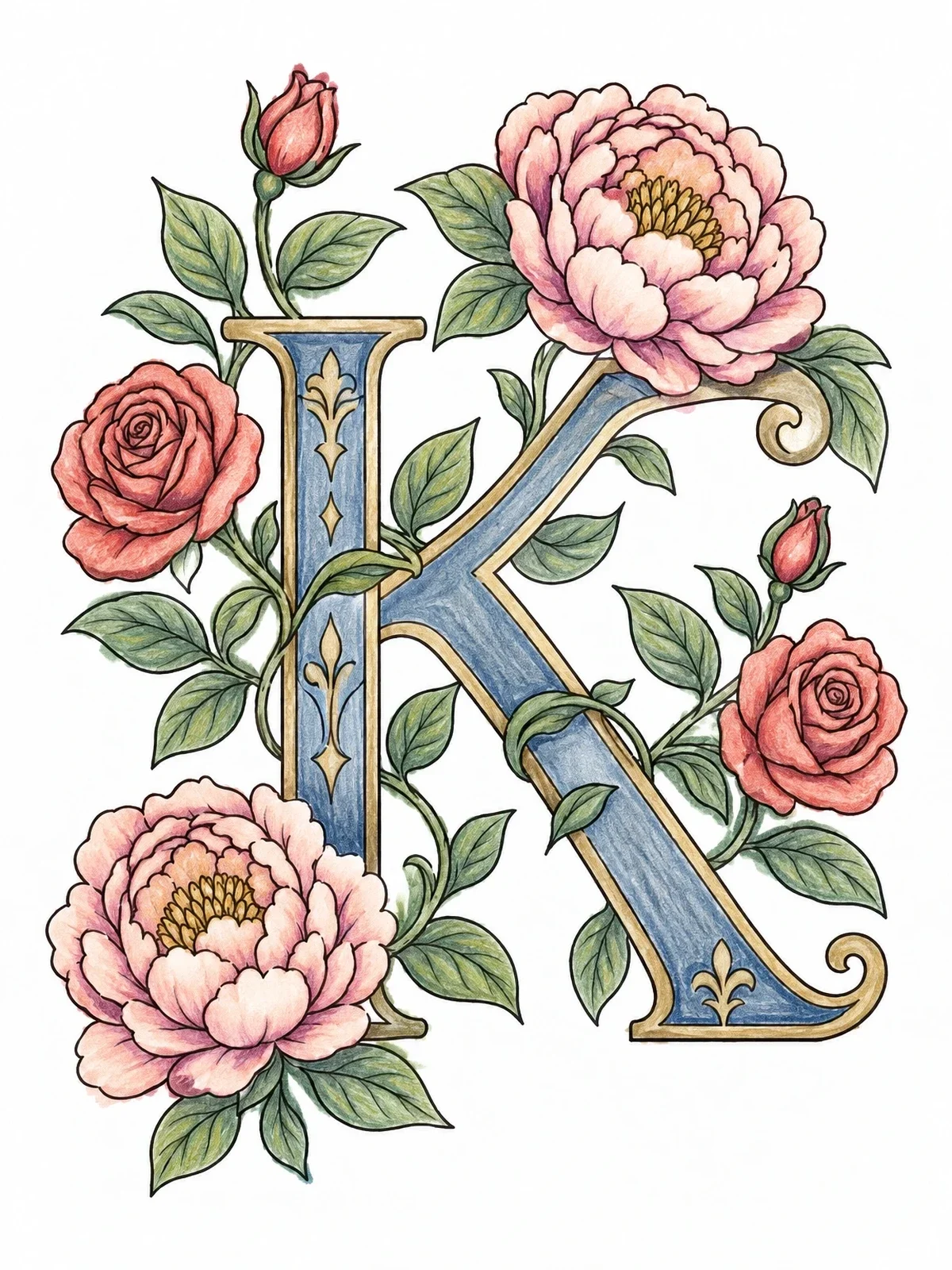Colored example of the Floral Monogram Letter K coloring page