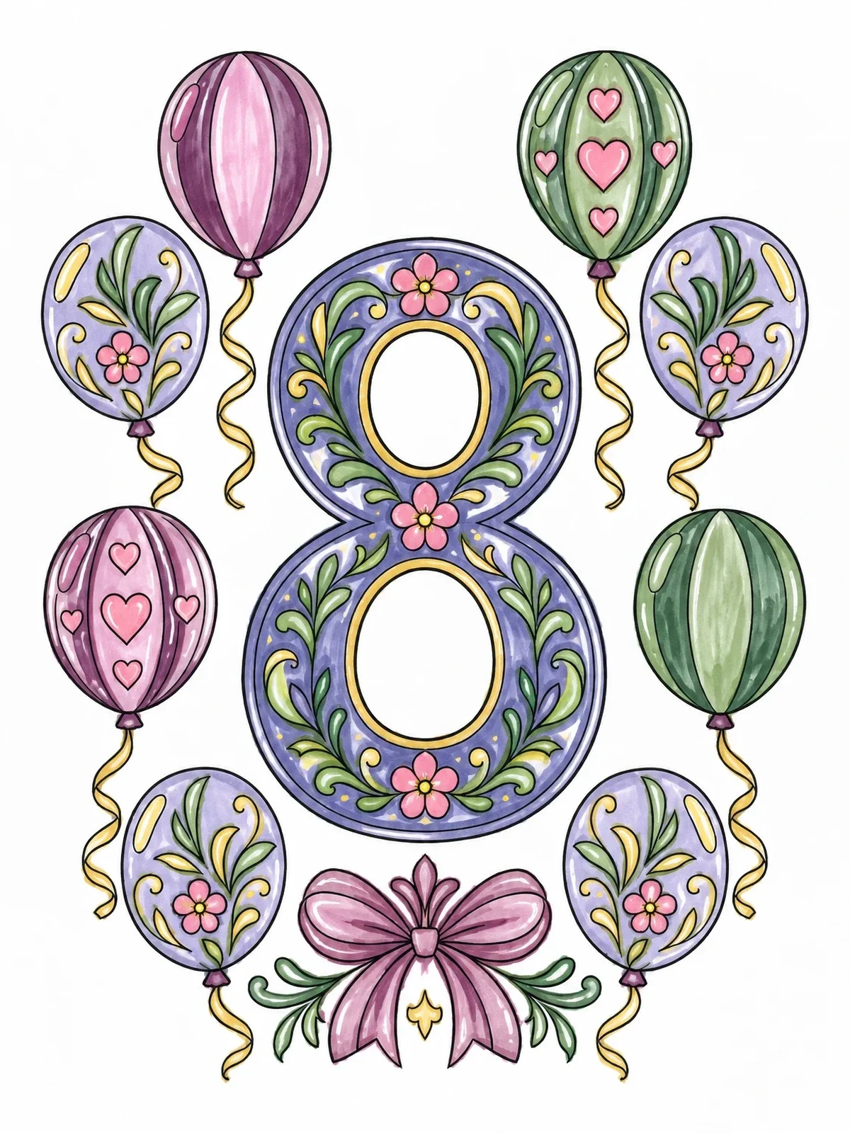 Colored example of the Decorated Number Eight And Balloons coloring page