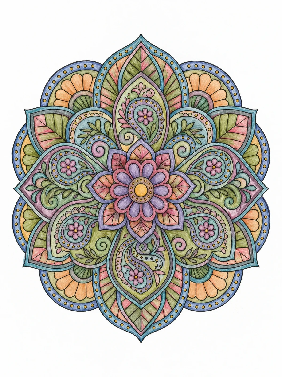 Colored example of the Intricate Floral Paisley Mandala coloring page