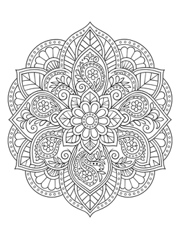 Detailed floral and paisley patterns form a circular zentangle coloring page.