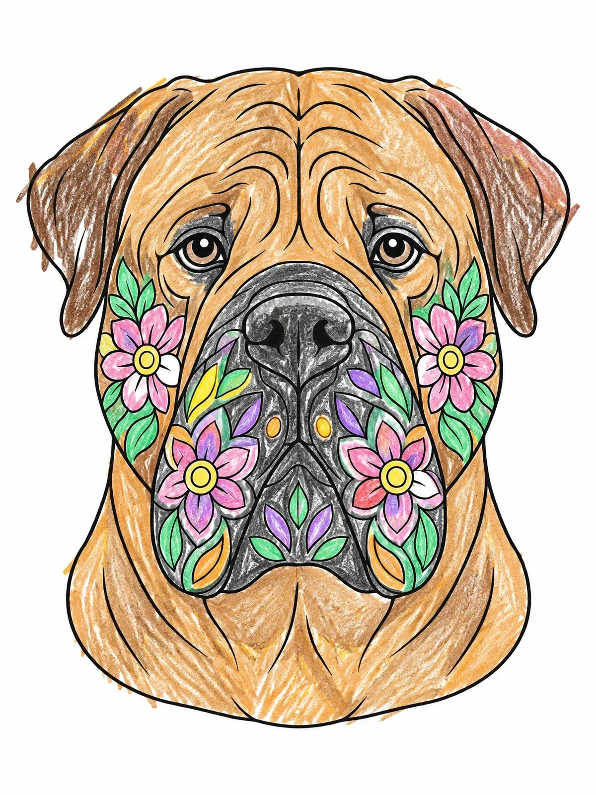 Colored example of the Floral Pattern Bullmastiff Dog Portrait coloring page