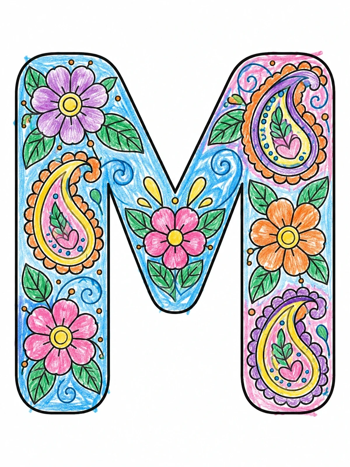 Colored example of the Floral Pattern Capital Letter M coloring page