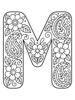 Free printable Floral Pattern Capital Letter M coloring page