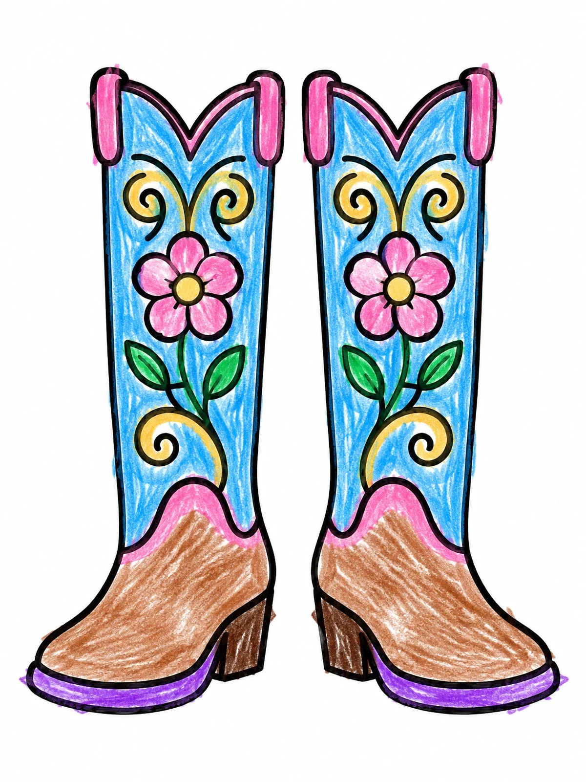 Colored example of the Floral Pattern Cowgirl Boots coloring page