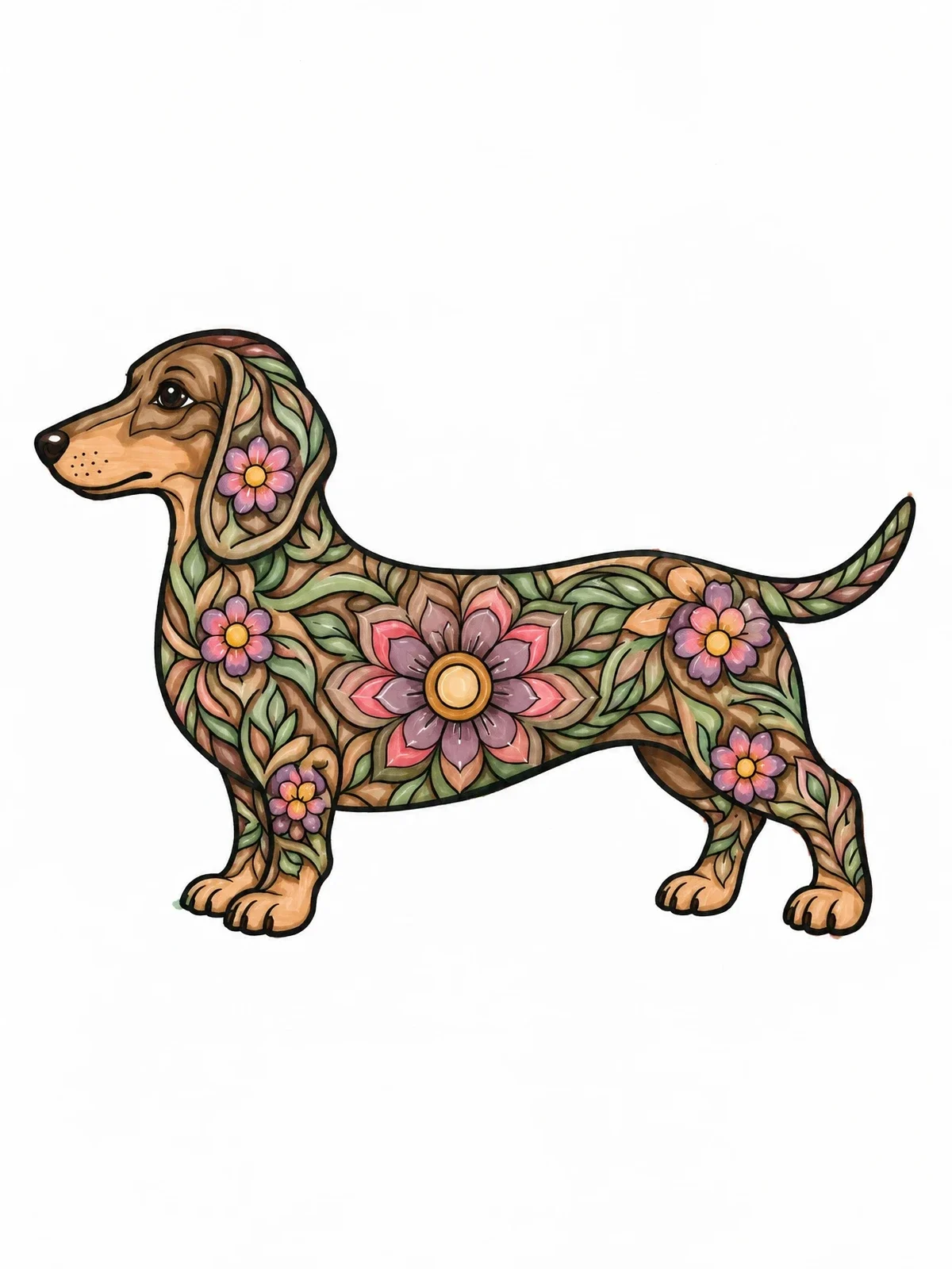 Colored example of the Floral Pattern Dachshund Line Art coloring page