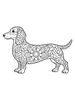 Detailed dachshund coloring page filled with intricate floral mandala patterns.