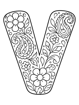 Free printable Floral Pattern Letter V coloring page