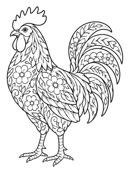 An intricate rooster coloring page with decorative floral plumage and tail feathers.