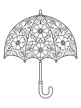 An intricate floral umbrella coloring page featuring decorative blossoms and leaves.