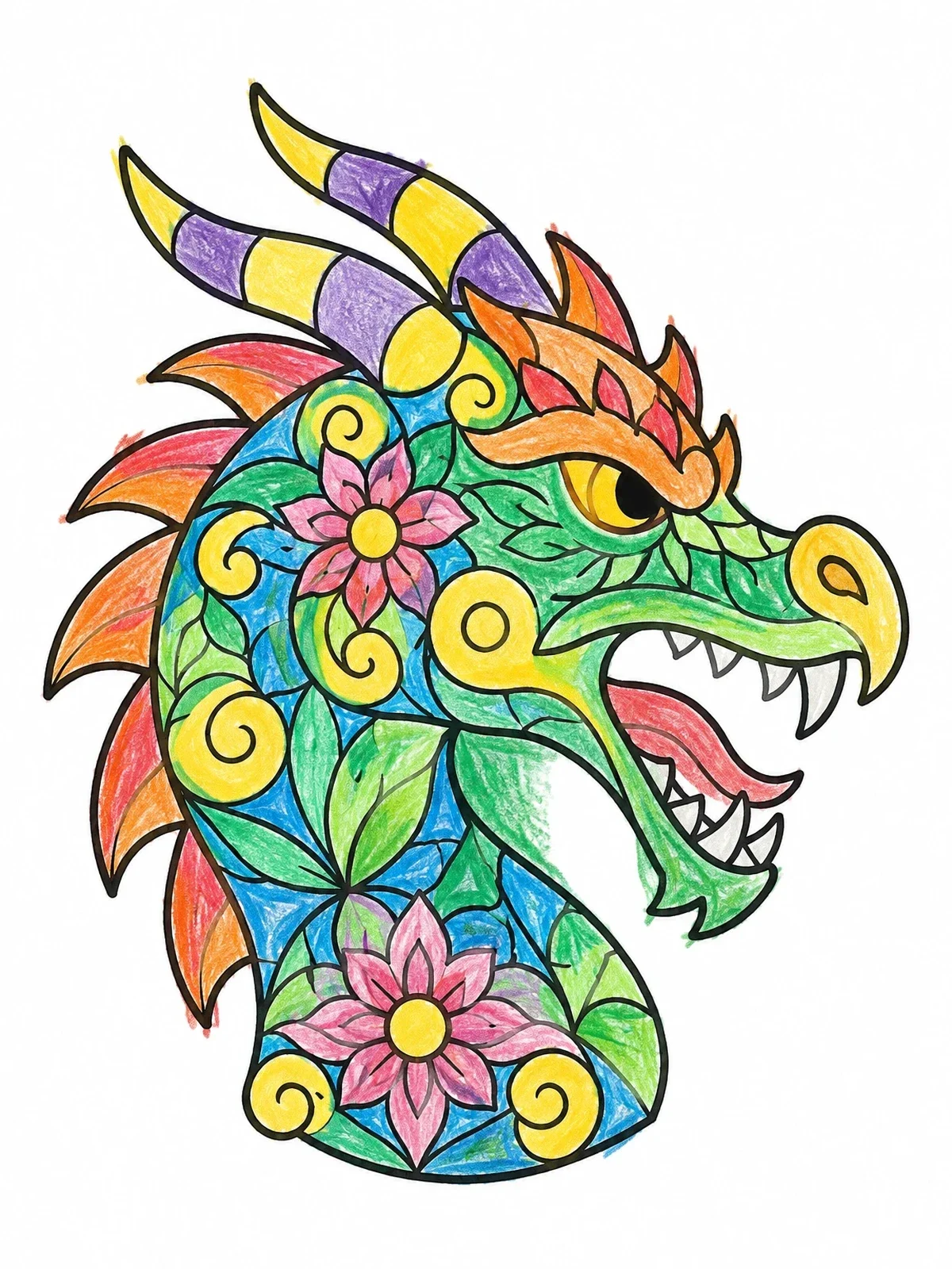 Colored example of the Floral Patterned Dragon Head coloring page